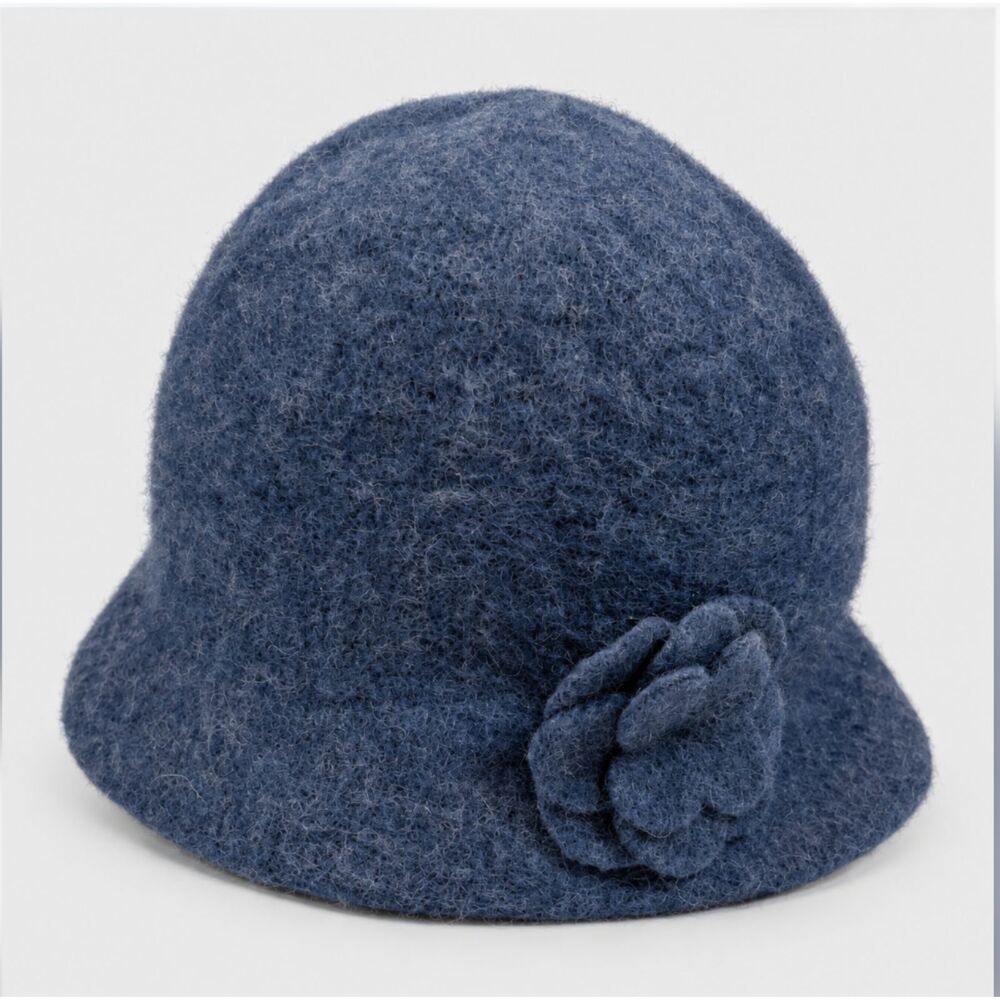 VTG Barbour Blue Lambswool Cloche Hat Flower Scotland Parisian Chic Cottagecore